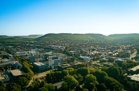 Drone shot of the city of Heilbronn with the Bildungscampus in the center