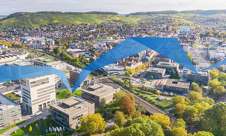 Drone view of the educational campus in the middle of the city of Heilbronn.