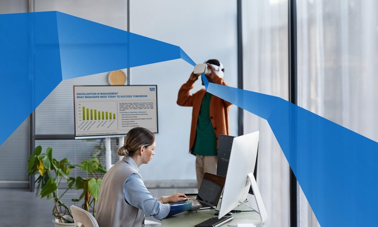 Man with VR headset and woman at a computer