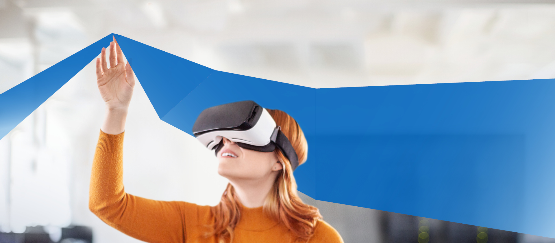 Female student put on vr glasses into virtual simulated world